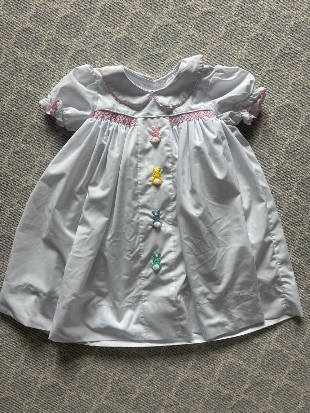 White Smocked Dress with Pastel Bunnies 🐰